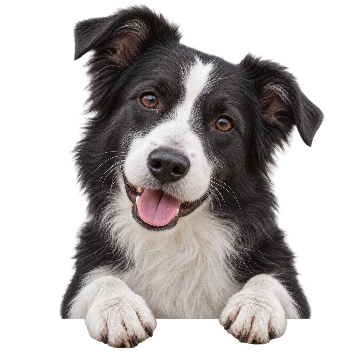 En sort-hvid border collie kigger over den blå bølge